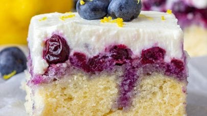 Gâteau au citron garni de myrtilles et de crème fouettée
