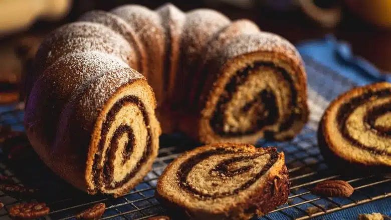 Bundt cake levé avec une garniture aux graines de pavot et aux noix