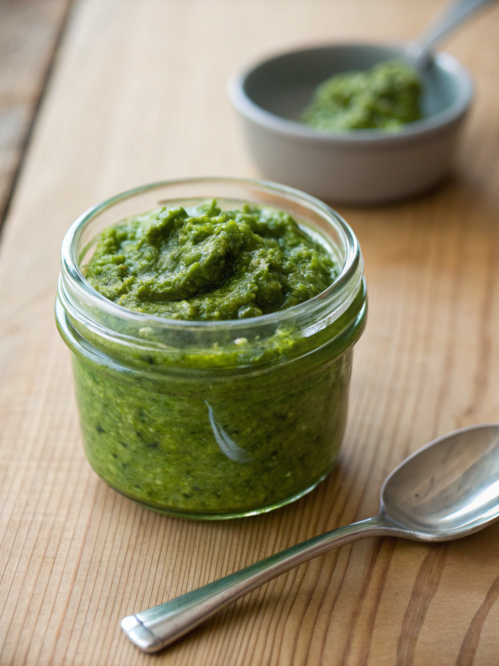 Découvrez notre pesto maison à l'ail des ours, préparé avec du parmesan râpé et servi sur des pâtes ou des tartines grillées pour un goût frais et intense