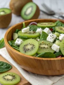 Cette salade kiwi diabète associe kiwi frais, feta allégée et épinards, le tout servi cru avec une vinaigrette légère au citron.