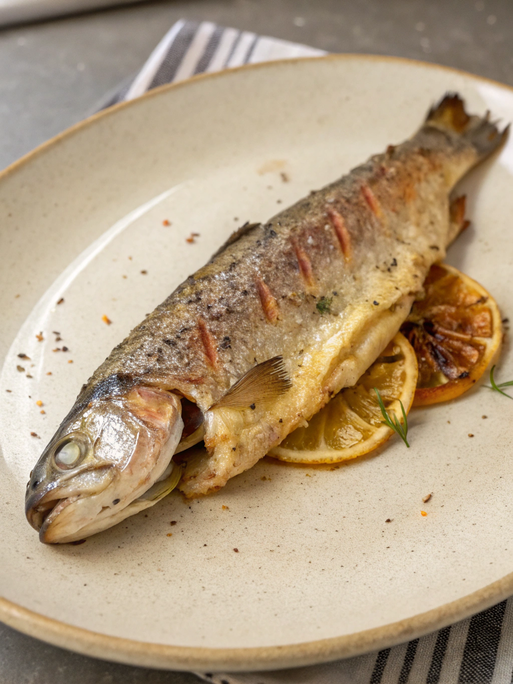 Savourez une truite au four parfumée au citron et aux herbes, simplement cuite avec du beurre et servie avec des légumes rôtis ou des pommes de terre.