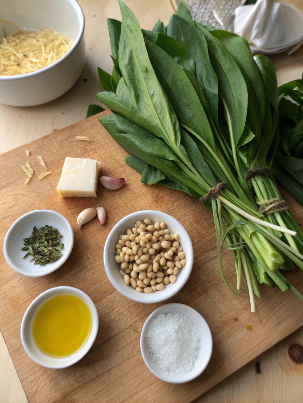Ingrédients frais pour préparer un pesto d'ail des ours maison