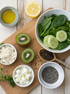 Cette salade kiwi diabète associe kiwi frais, feta allégée et épinards, le tout servi cru avec une vinaigrette légère au citron.