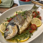 Savourez cette dorade au four parfumée au citron et aux herbes, cuite au four avec oignon et vin blanc pour une chair tendre et délicate.