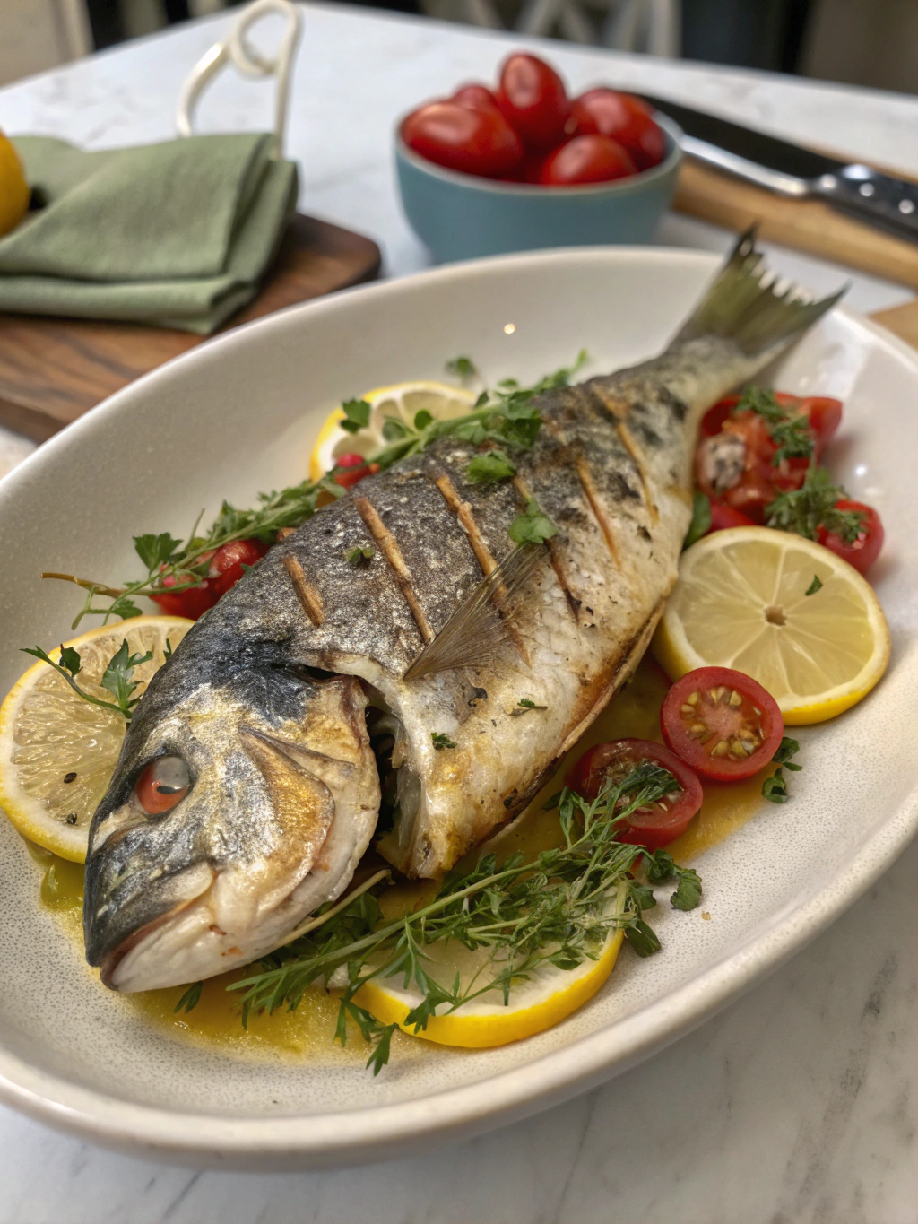 Savourez cette dorade au four parfumée au citron et aux herbes, cuite au four avec oignon et vin blanc pour une chair tendre et délicate.