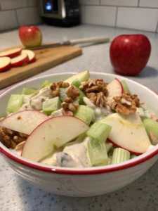 Savourez cette salade de pommes croquantes avec céleri et noix, servie bien fraîche avec une sauce au yaourt onctueuse et relevée de moutarde douce.