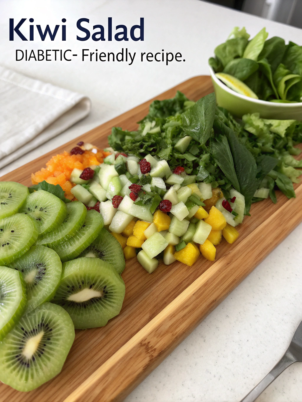 Cette salade kiwi diabète associe kiwi frais, feta allégée et épinards, le tout servi cru avec une vinaigrette légère au citron.