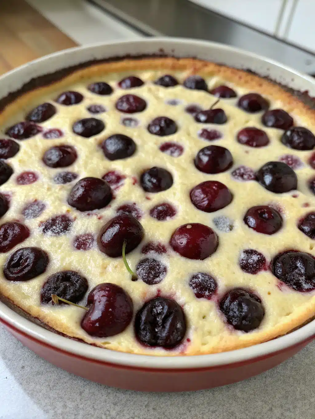 Clafoutis aux cerises noires moelleux et fruité, gratiné au four et servi tiède avec un nuage de sucre glace pour un dessert d'été plein de charme.