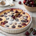 Un clafoutis cerises noires aux cerises entières, gratiné au four et délicatement doré, à savourer tiède pour un dessert d’été tout en tendresse.