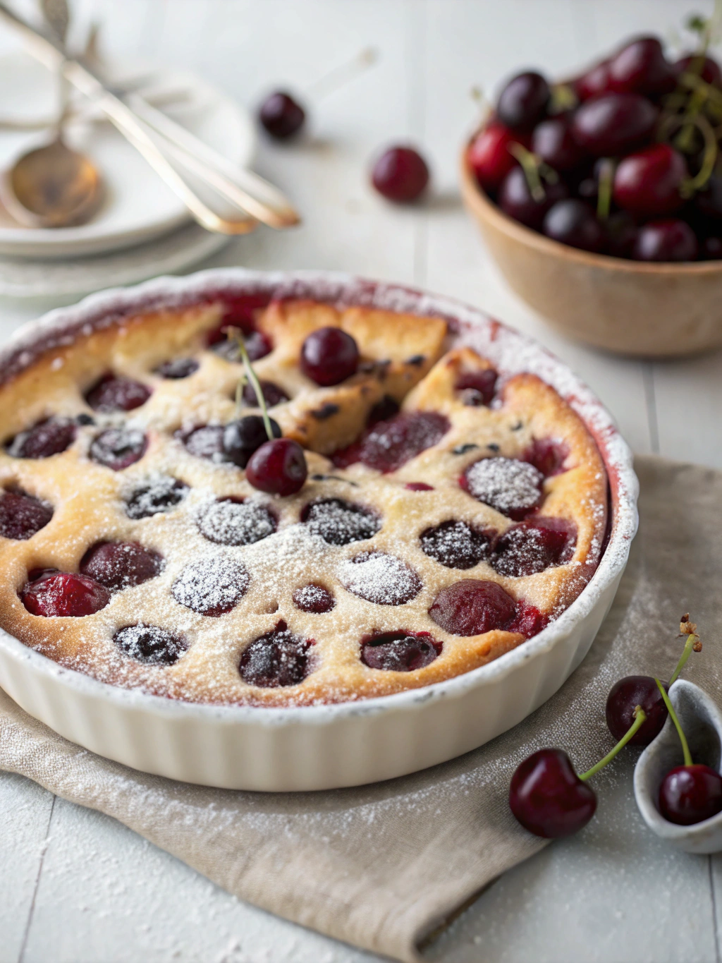 Un clafoutis cerises noires aux cerises entières, gratiné au four et délicatement doré, à savourer tiède pour un dessert d’été tout en tendresse.