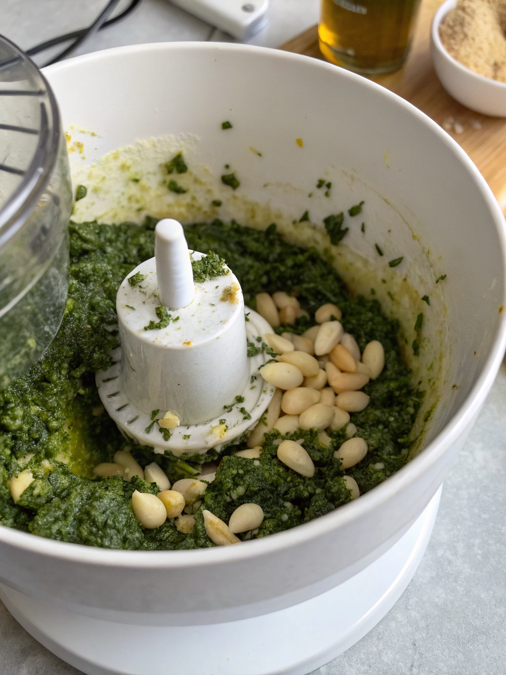 Ajout progressif de l'huile d'olive pour le pesto