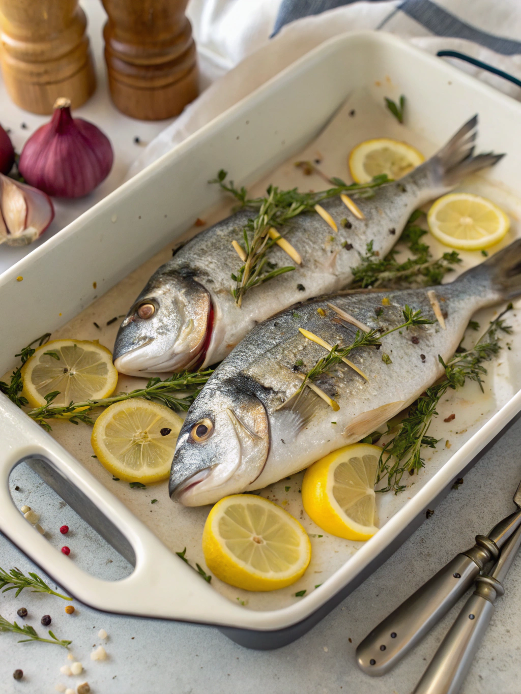 Dorade assaisonnée prête à enfourner avec légumes