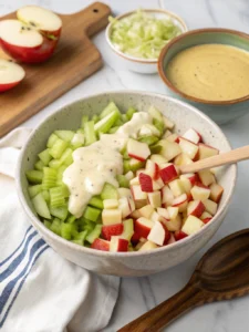 Savourez cette salade de pommes croquantes avec céleri et noix, servie bien fraîche avec une sauce au yaourt onctueuse et relevée de moutarde douce.