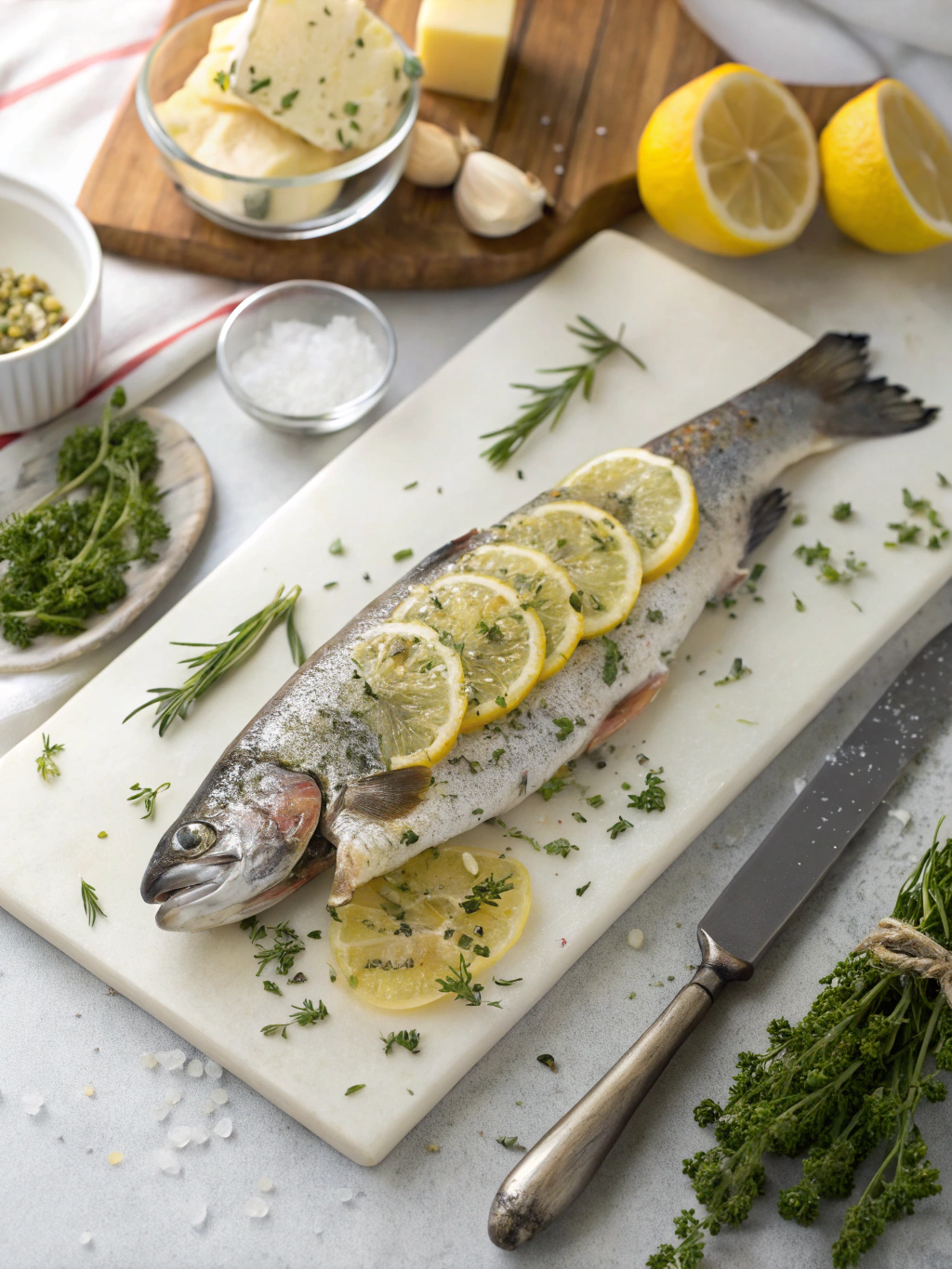Truite garnie de citron et herbes avant cuisson