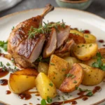 Découvrez notre recette de confit canard sarladaises, avec ses pommes de terre dorées à la graisse de canard et son canard confit fondant au four.