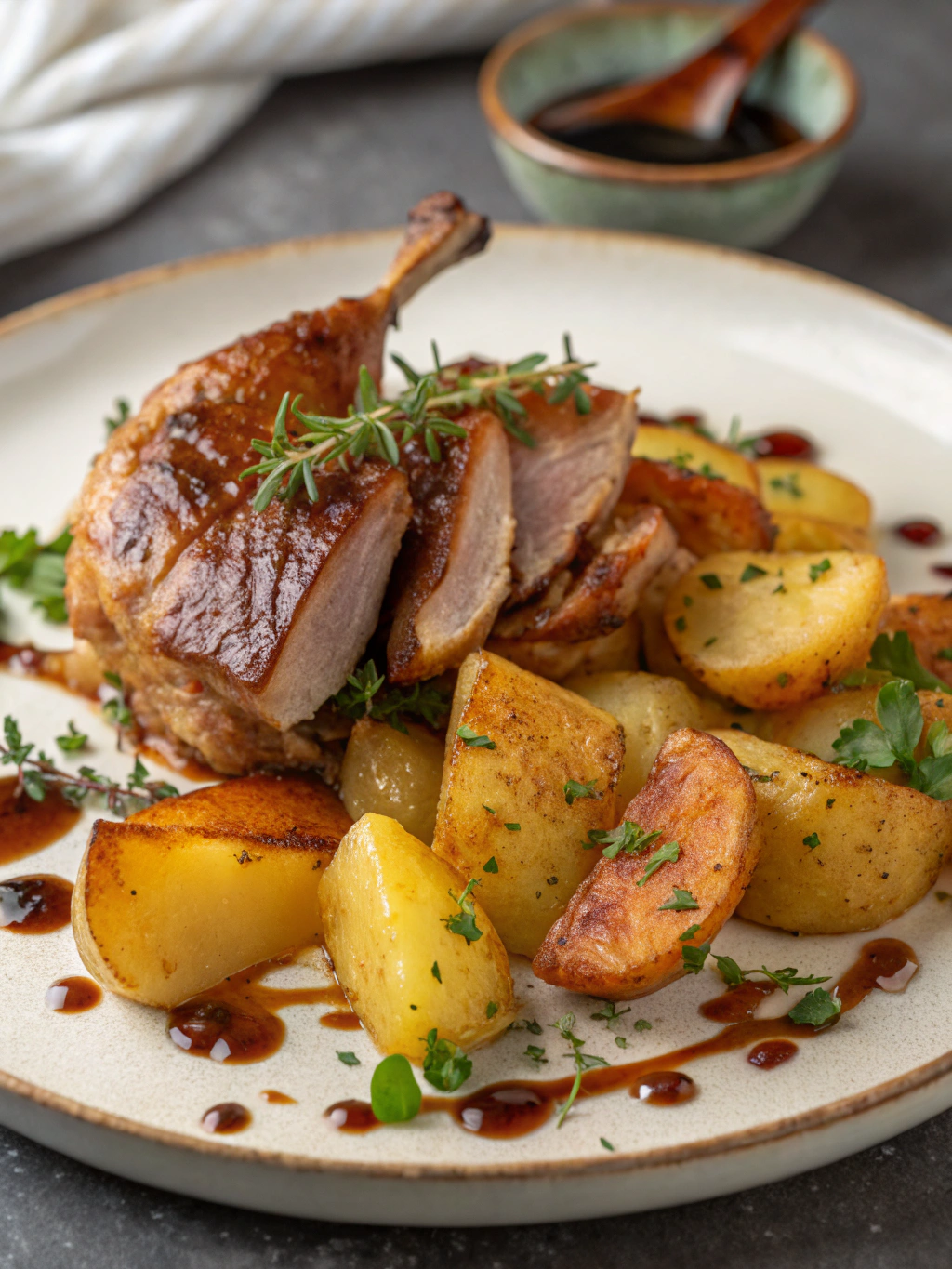 Découvrez notre recette de confit canard sarladaises, avec ses pommes de terre dorées à la graisse de canard et son canard confit fondant au four.
