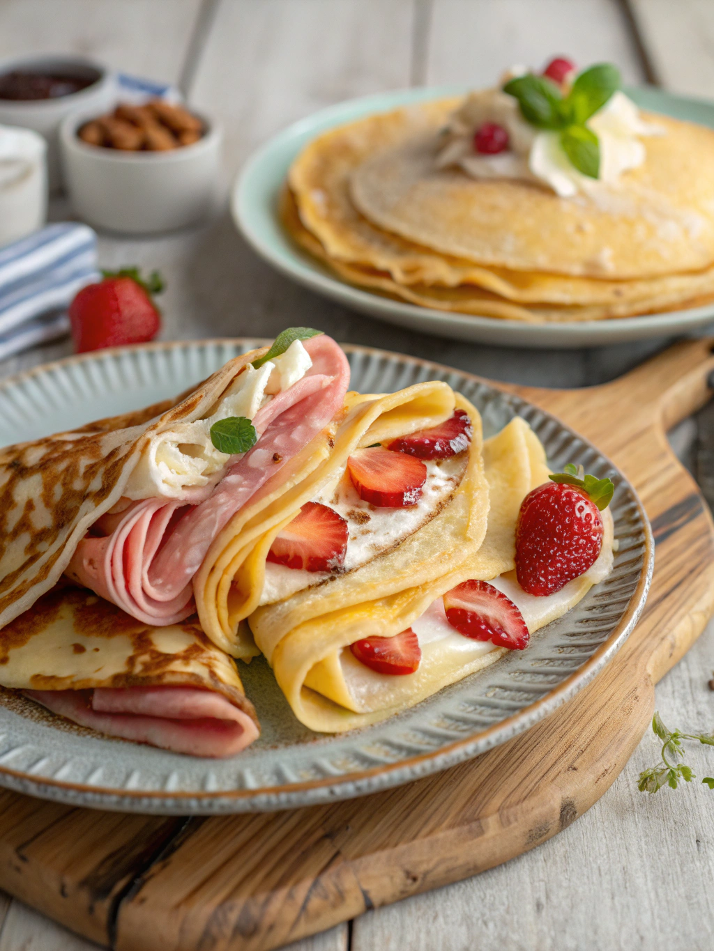 Découvrez nos crêpes originales à base de farine de blé, parfumées au rhum et servies tièdes avec une garniture sucrée ou salée au choix.