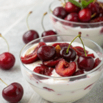 dessert cerise diabétique, frais et léger, préparé avec des cerises mijotées et du yaourt, idéal pour garder la ligne sans se priver.