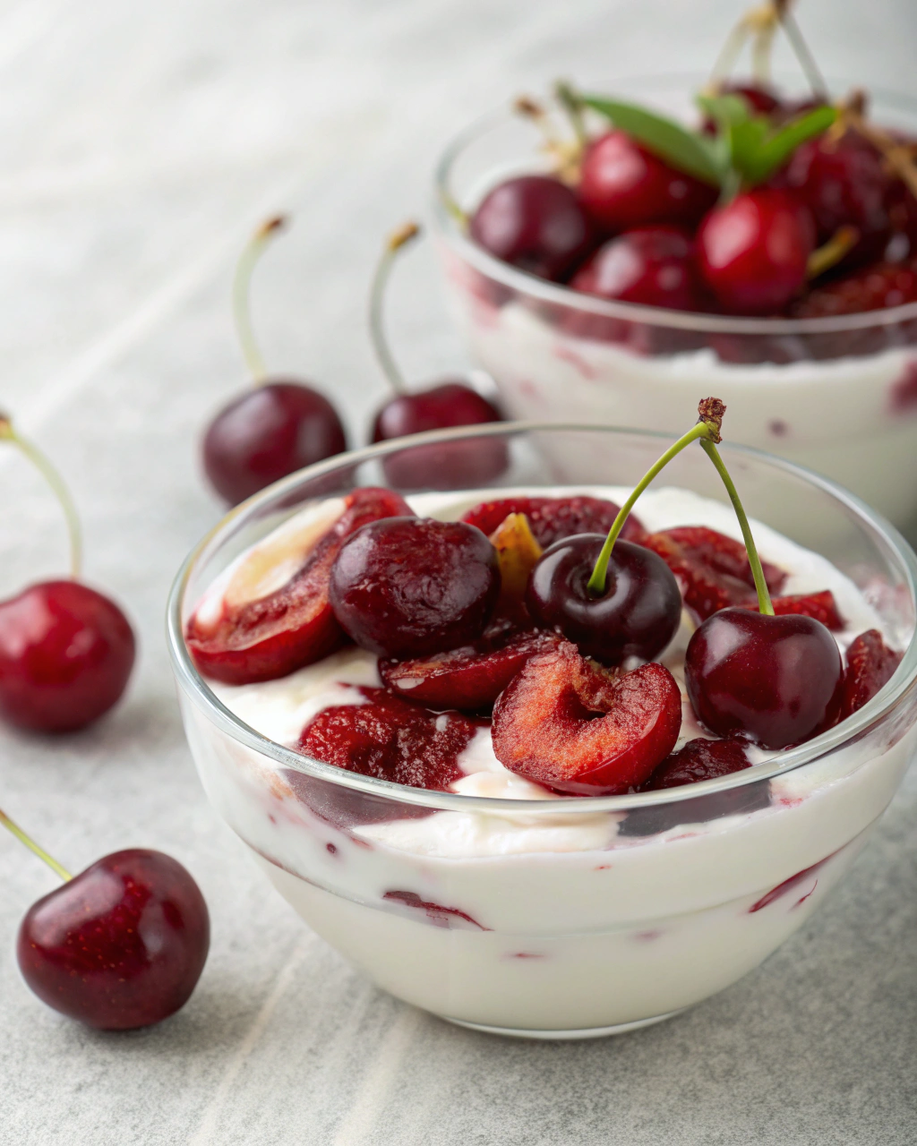 dessert cerise diabétique, frais et léger, préparé avec des cerises mijotées et du yaourt, idéal pour garder la ligne sans se priver.