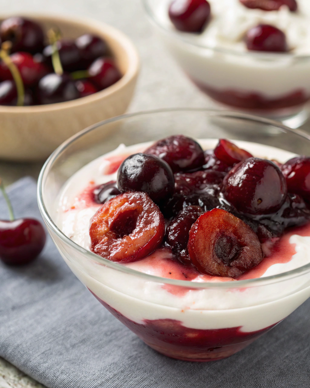 dessert cerise diabétique, frais et léger, préparé avec des cerises mijotées et du yaourt, idéal pour garder la ligne sans se priver.