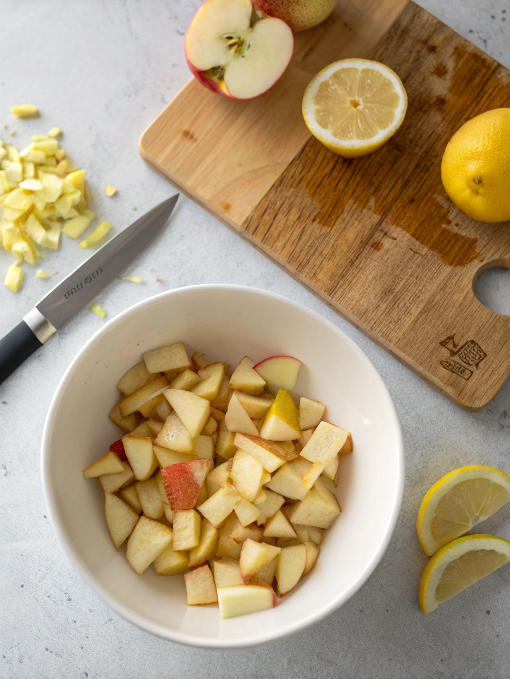 Étape de préparation des pommes pour une salade fruitée