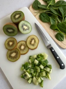 Cette salade kiwi diabète associe kiwi frais, feta allégée et épinards, le tout servi cru avec une vinaigrette légère au citron.