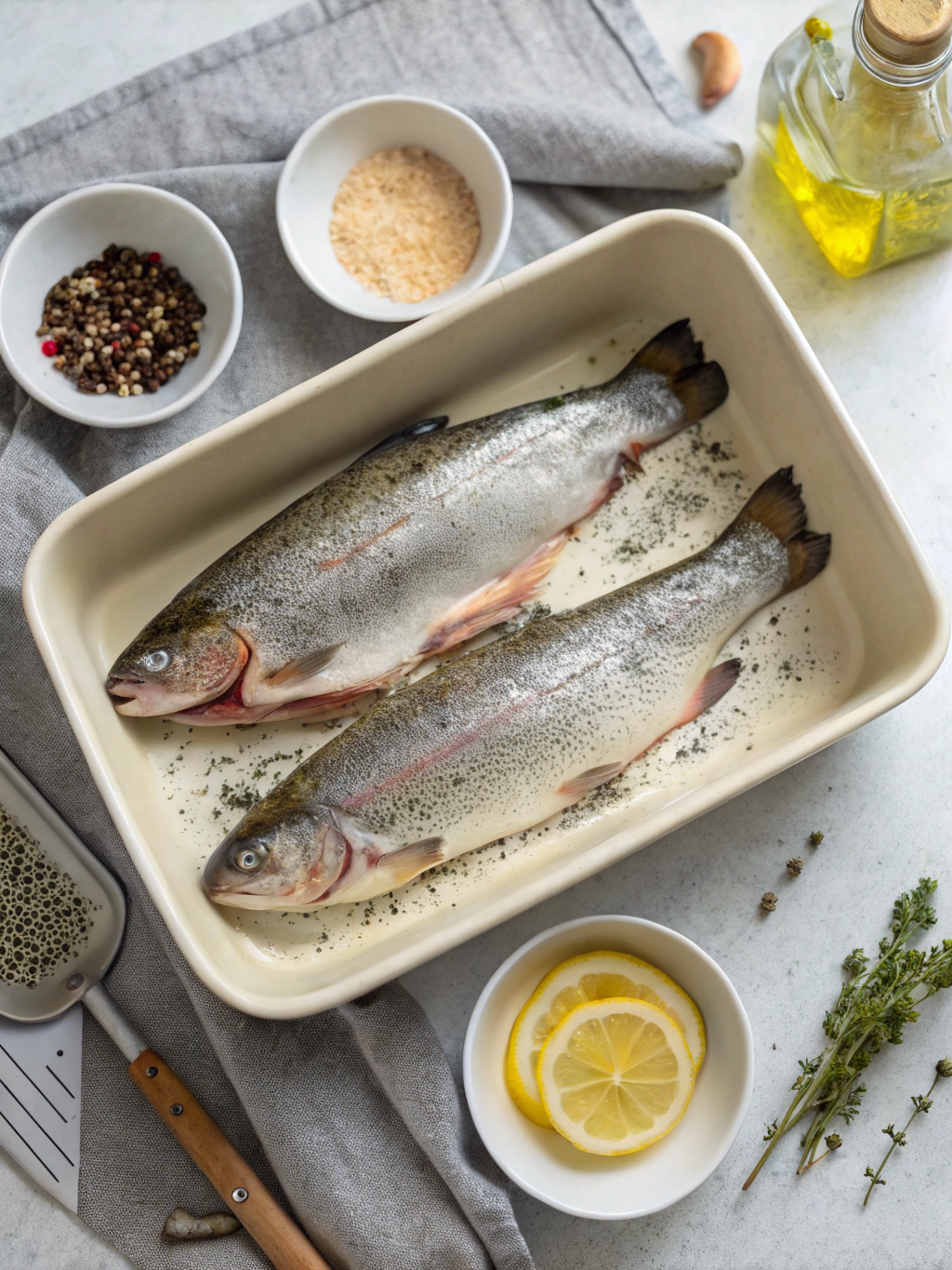 Étape de préparation de la truite avant cuisson au four