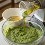 Découvrez notre pesto maison à l'ail des ours, préparé avec du parmesan râpé et servi sur des pâtes ou des tartines grillées pour un goût frais et intense