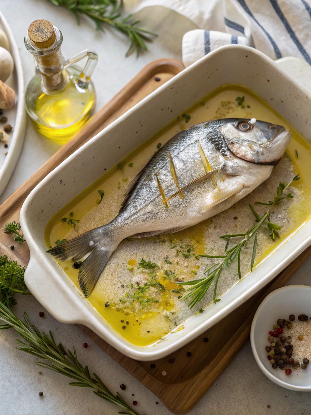 Dorade au four dorée et parfumée prête à déguster