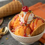 Rafraîchissez vos papilles avec ce sundae orange coloré, à base de sorbet à l’orange et glace vanille, servi bien frais dans une coupe gourmande. Ce sundae orange marie glace vanille et segments d’orange, nappé de chocolat fondu et chantilly maison pour un dessert fruité et rapide à servir. sundae-orange-audacieux-et-glace-plein-de-saveur