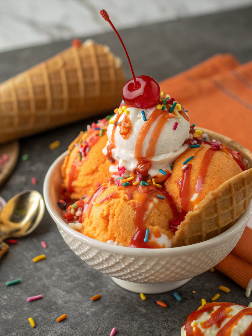 Rafraîchissez vos papilles avec ce sundae orange coloré, à base de sorbet à l’orange et glace vanille, servi bien frais dans une coupe gourmande. Ce sundae orange marie glace vanille et segments d’orange, nappé de chocolat fondu et chantilly maison pour un dessert fruité et rapide à servir. sundae-orange-audacieux-et-glace-plein-de-saveur