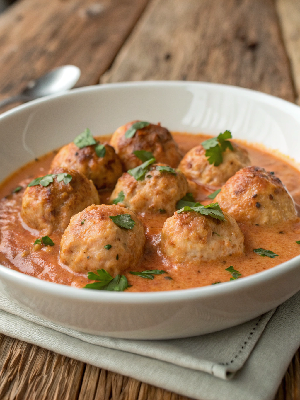 Boulettes de poulet sauce servies avec des légumes et du riz pour un repas complet