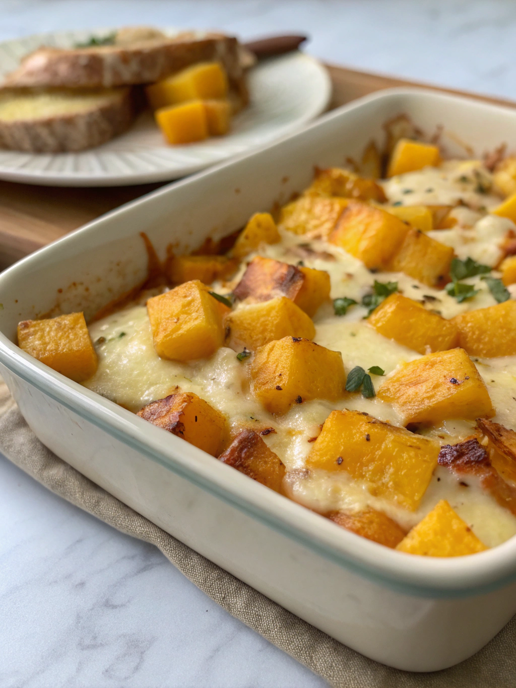 Butternut tartiflette servie avec salade et vin blanc