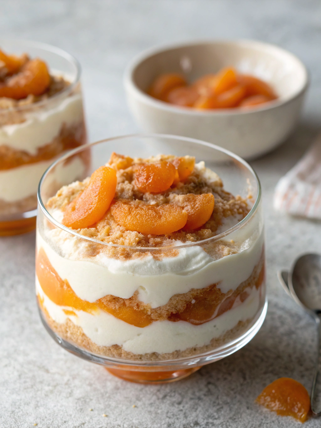 Un dessert abricot sans cuisson gourmand avec une compotée d’abricots et une mousse légère au fromage blanc, servi bien frais en verrine.