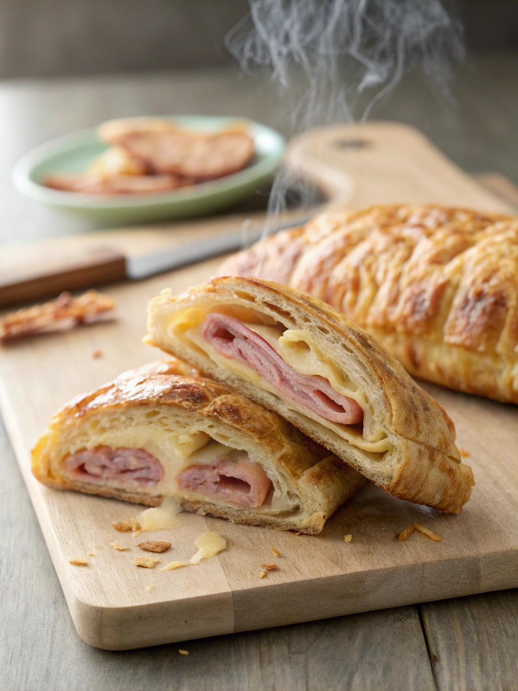 Présentation élégante d'un feuilleté jambon fromage coupé en parts