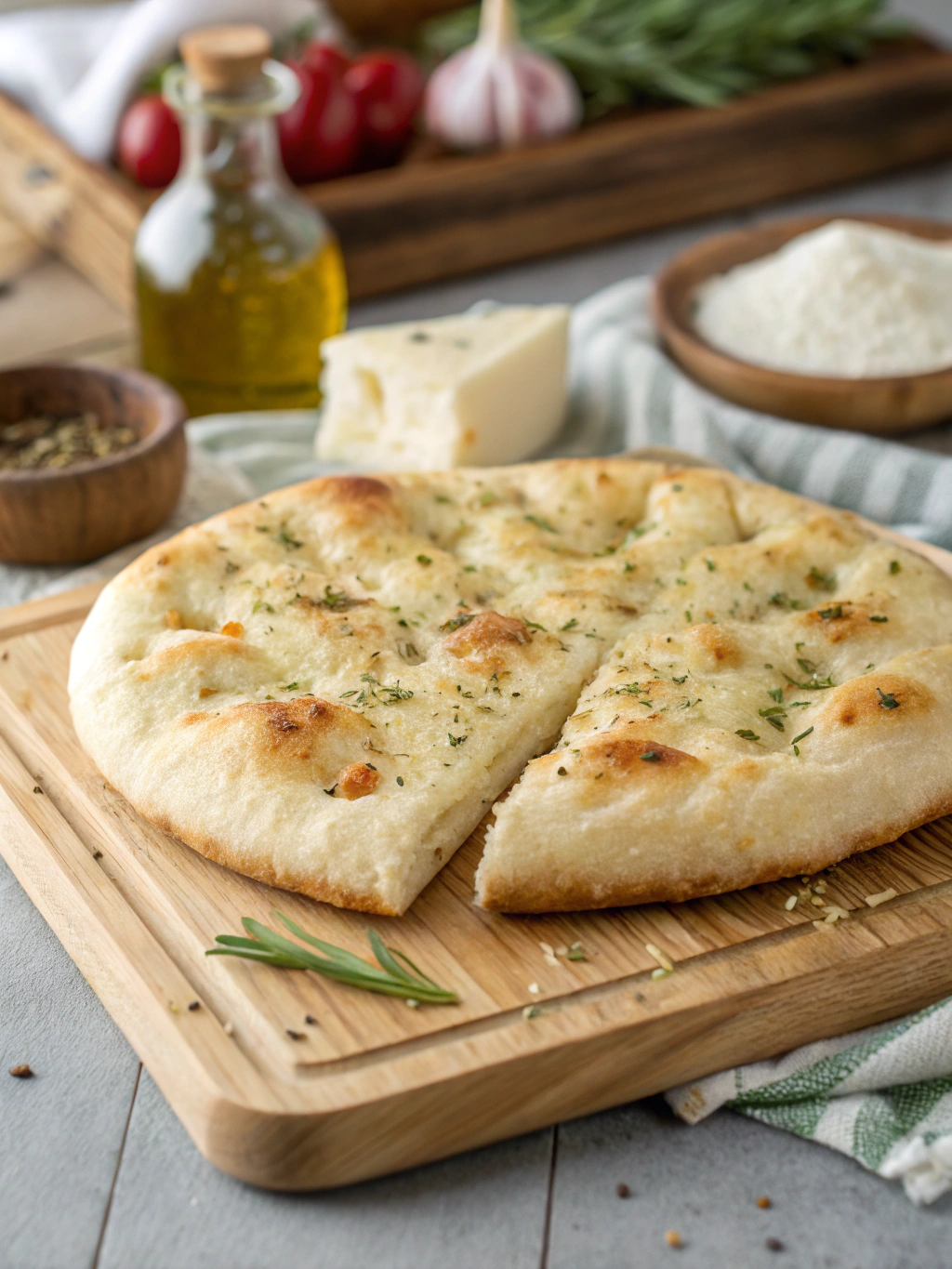 Focaccia poêle servie avec des antipasti et une salade estivale