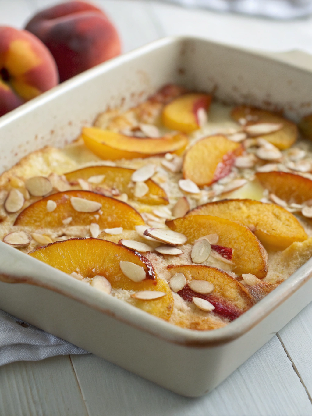 Ce gratin pêches amandes associe des pêches jaunes fondantes et des amandes effilées, servi tiède pour un dessert gourmand et facile à réaliser.