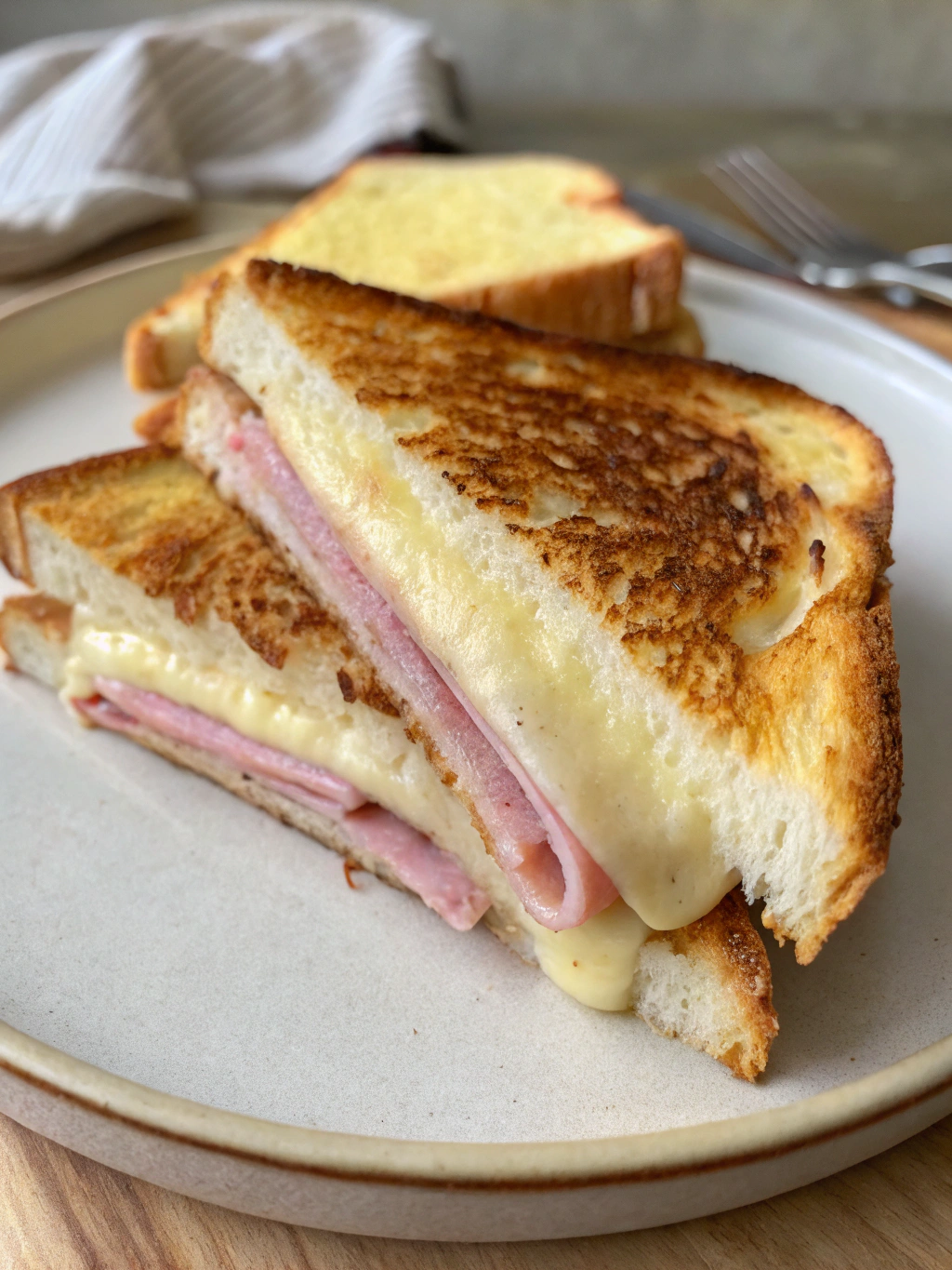 Présentation élégante d'un sandwich monte cristo coupé en deux avec salade