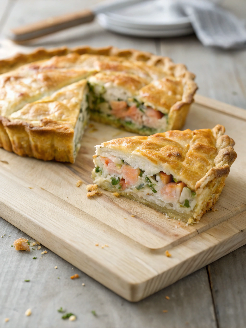 Tourte poireau saumon servie avec une salade et un verre de vin blanc