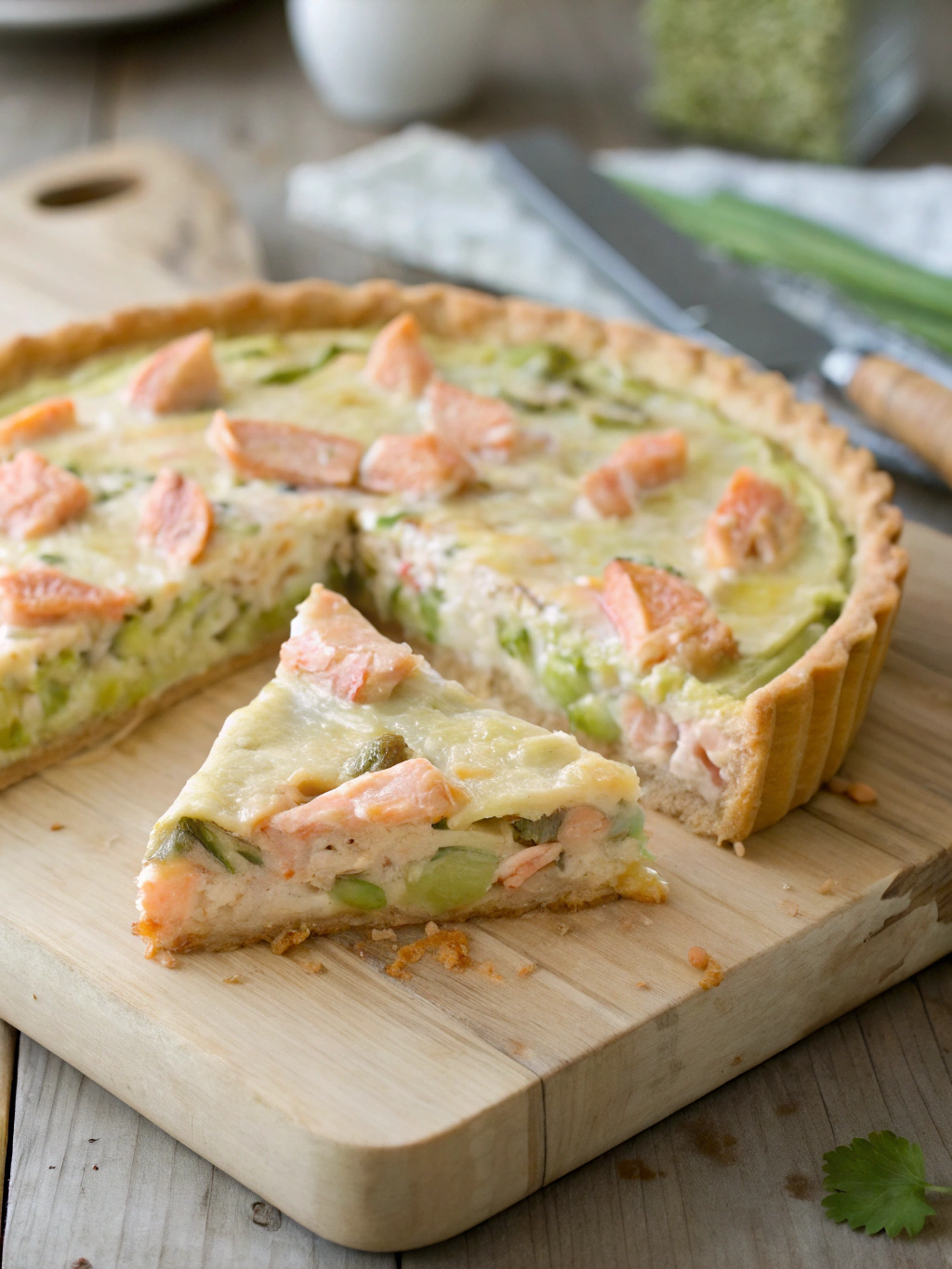 Tourte saumon poireau servie avec une salade et des légumes de saison