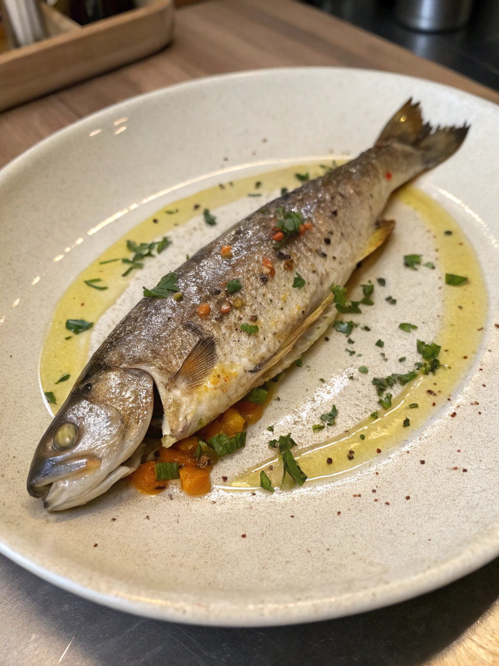 Truite au four servie avec des légumes rôtis et des herbes fraîches