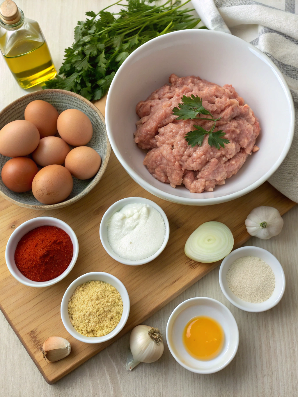 Ingrédients frais pour préparer des boulettes de poulet sauce
