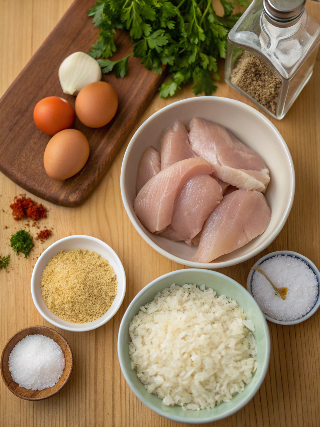 Ingrédients frais pour préparer des boulettes poulet riz maison