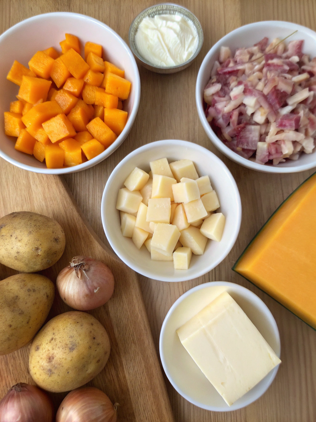 Ingrédients frais pour préparer une tartiflette au butternut