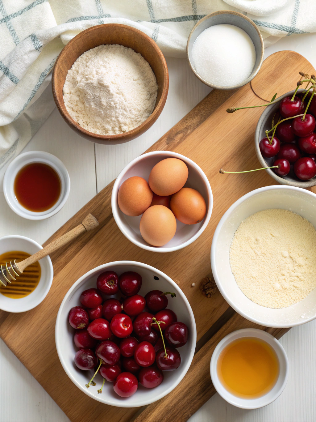 Ingrédients pour préparer un clafoutis sans sucre avec des cerises fraîches
