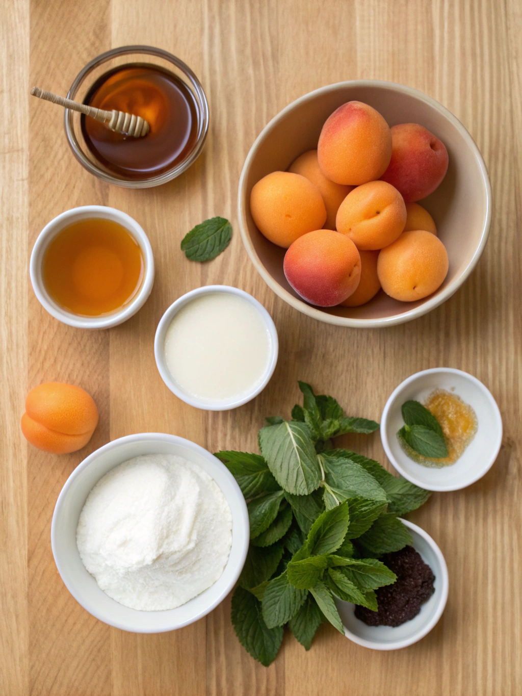 Ingrédients frais pour préparer un dessert abricot sans cuisson