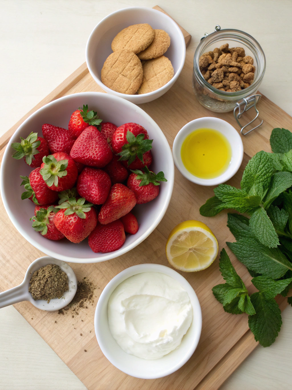 Ingrédients frais pour préparer un dessert à la fraise adapté aux diabétiques