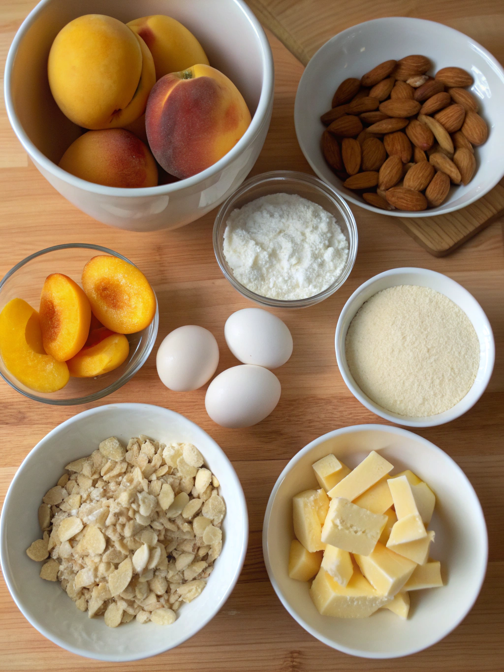Ingrédients pour préparer un gratin pêches amandes maison