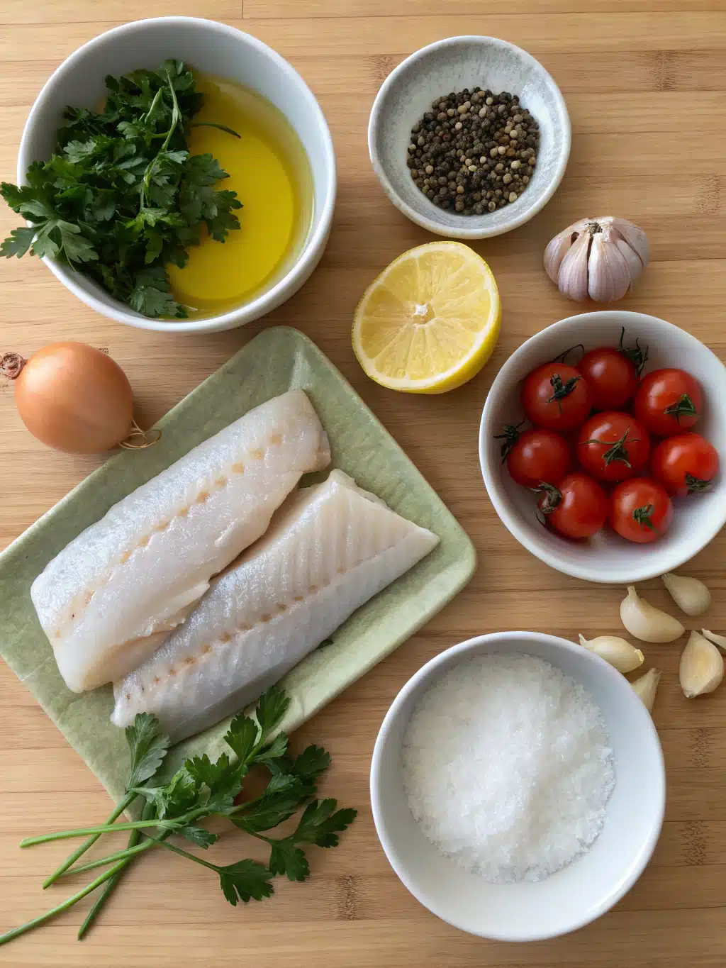 Ingrédients frais pour préparer un délicieux poisson au four