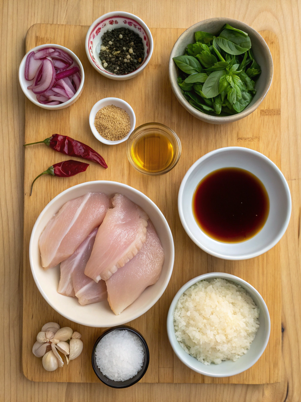 Ingrédients frais pour préparer un délicieux poulet thai basilic